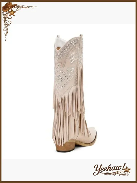 Knee High Western Boots with Rhinestone Fringe Chunky Heel Pointed Toe - Picture 5 of 7
